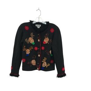 Jack B. Quick Women’s Petite Small Cardigan Sweater Reindeer Ugly Christmas Vtg